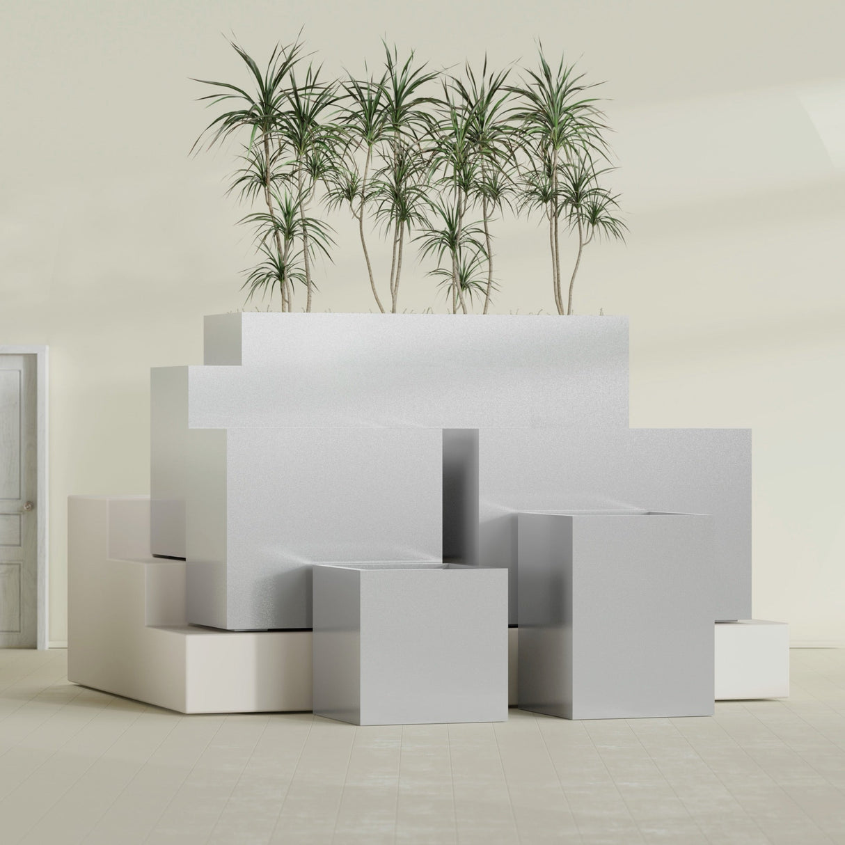 Brisbane Rectangular fiberglass planter in Metallic Silver, size range, in a sunlit interior