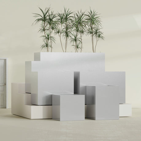 Brisbane Rectangular fiberglass planter in Metallic Silver, size range, in a sunlit interior