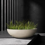 Cavo low bowl Cosapots fiberglass planter, shown planted with ornamental grasses in a styled setting.