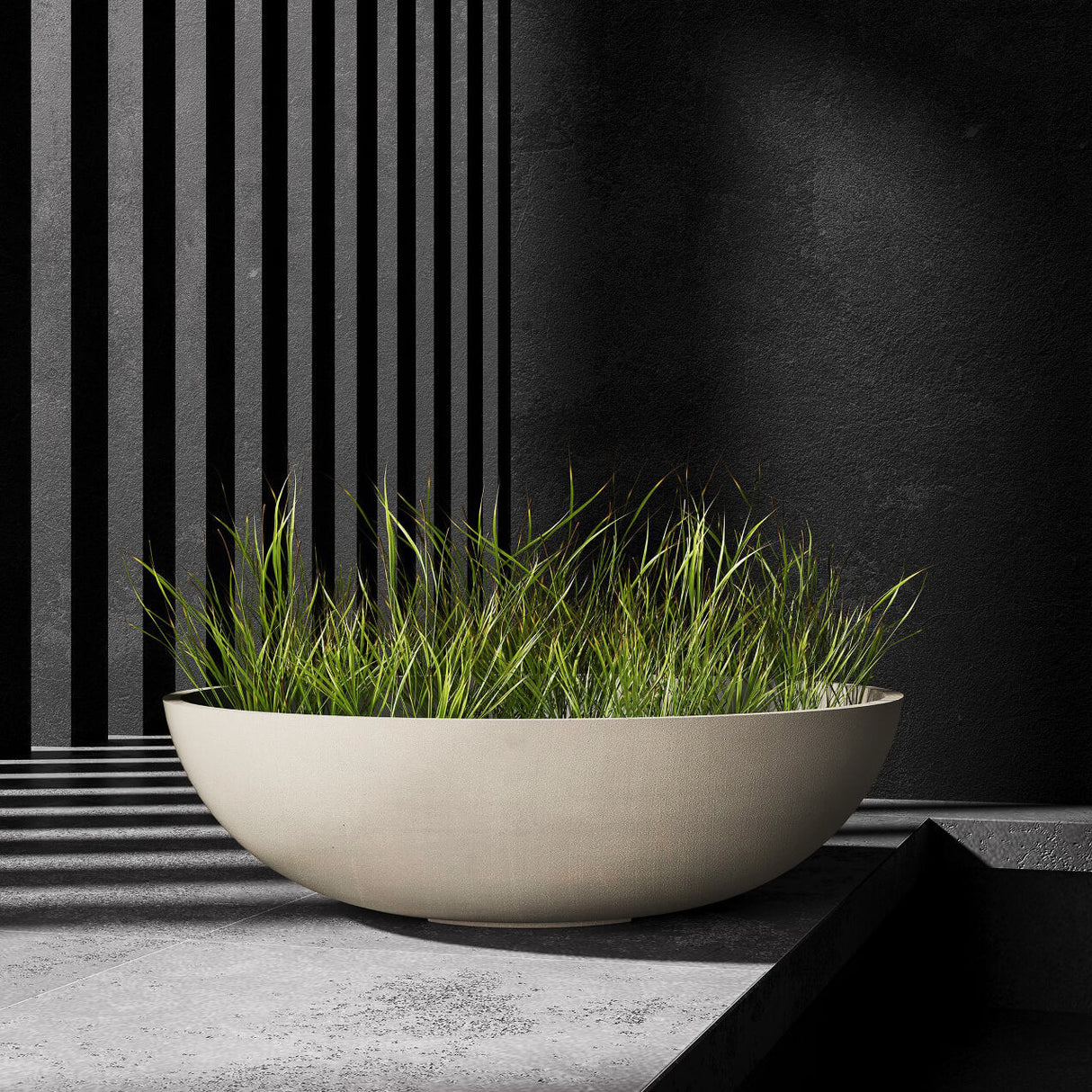 Cavo low bowl Cosapots fiberglass planter, shown planted with ornamental grasses in a styled setting.