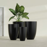 Brannan Tapered Round fiberglass planter in Matte Black, size range, in a sunlit interior