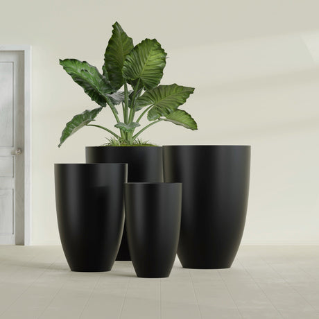 Brannan Tapered Round fiberglass planter in Matte Black, size range, in a sunlit interior