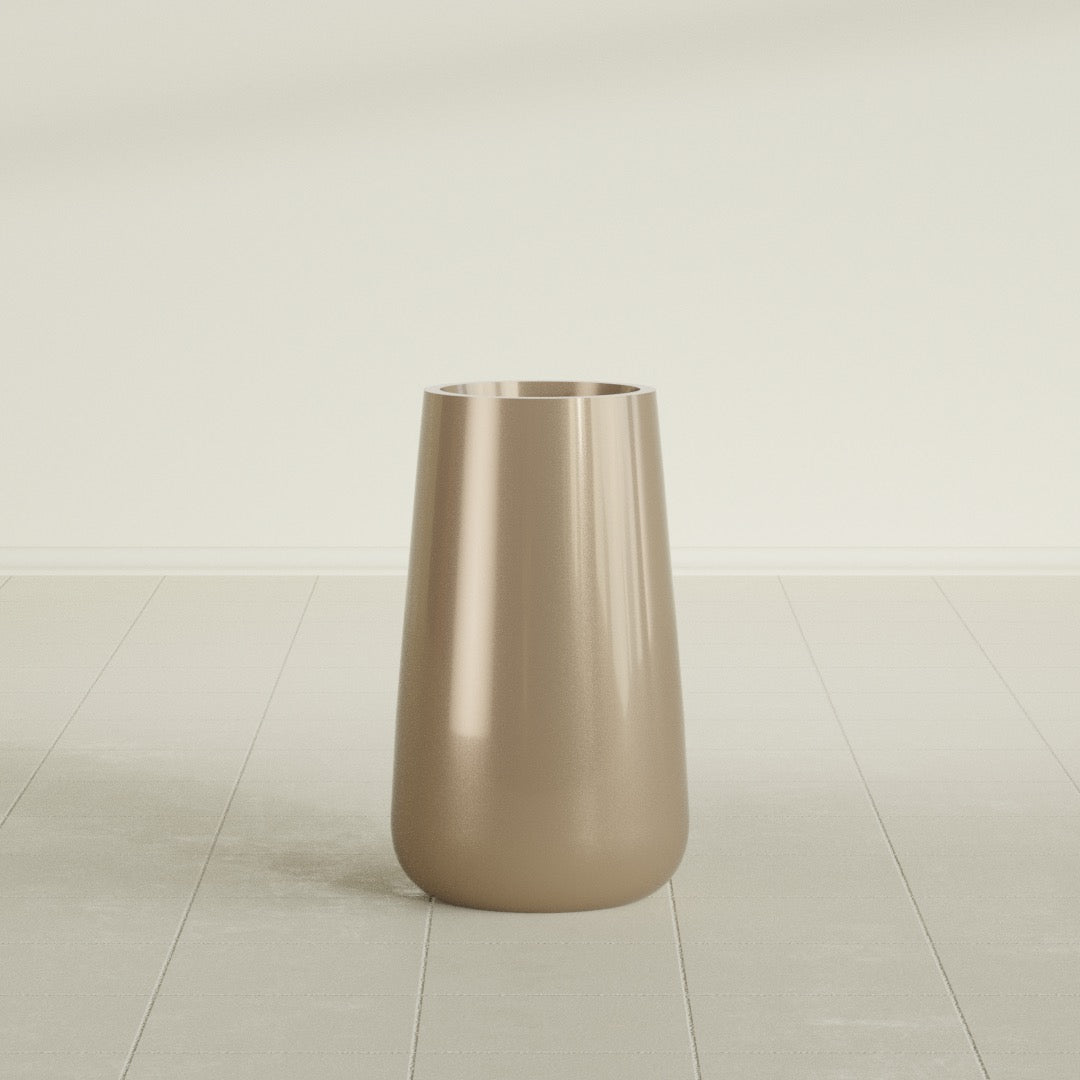 Saigon Tapered Round Planter in Gloss Metallic Gold, 14"D × 30"H, shown empty