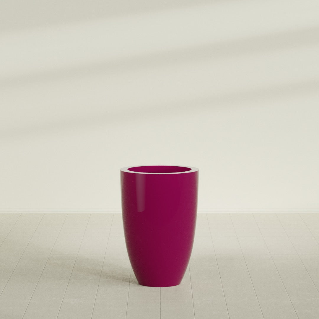 Brannan Tapered Round Planter in Gloss Eggplant, 24"D × 35"H, shown empty