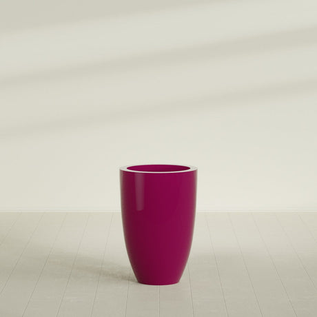Brannan Tapered Round Planter in Gloss Eggplant, 24"D × 35"H, shown empty