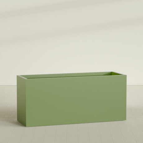 Brisbane Rectangular Planter in Satin Green, 72"L × 24"D × 32"H, shown empty