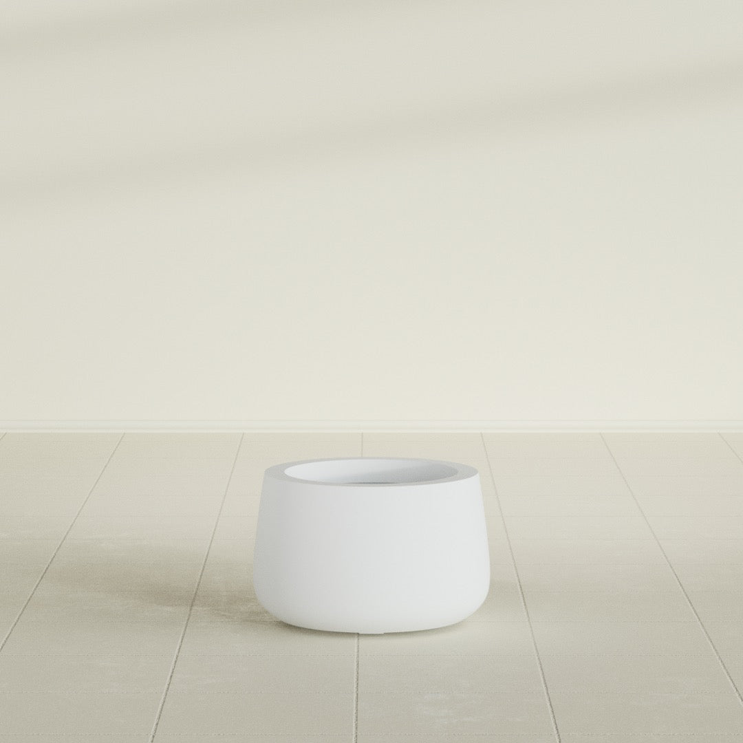 Short Hayden Bowl Planter in Gloss Bright White, 12"D × 7"H, shown empty