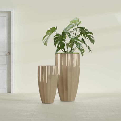 San Jose Tall Fluted fiberglass planter in Gloss Metallic Gold, size range, in a sunlit interior