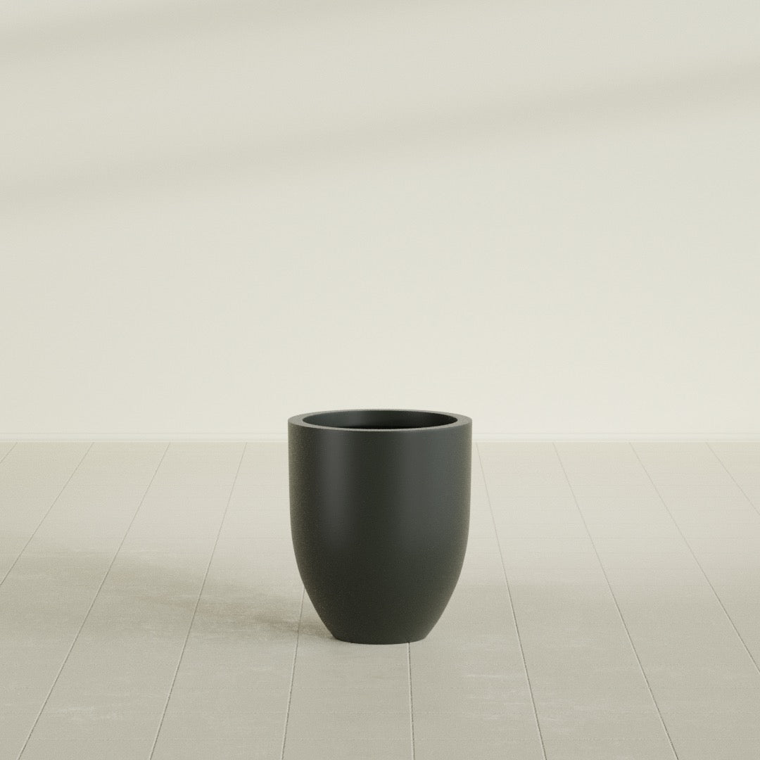 Valencia Tapered Round Planter in Matte Charcoal, 15"D × 18"H, shown empty