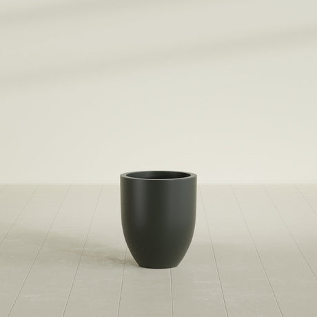 Valencia Tapered Round Planter in Matte Charcoal, 15"D × 18"H, shown empty