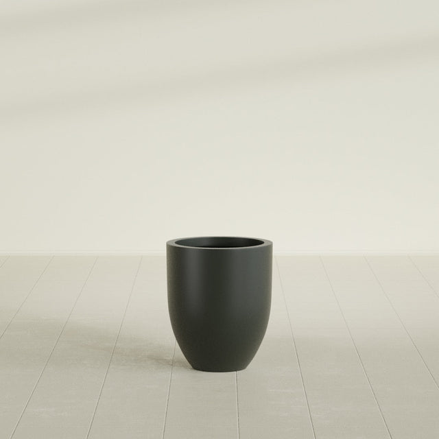 Valencia Tapered Round Planter in Matte Charcoal, 15"D × 18"H, shown empty