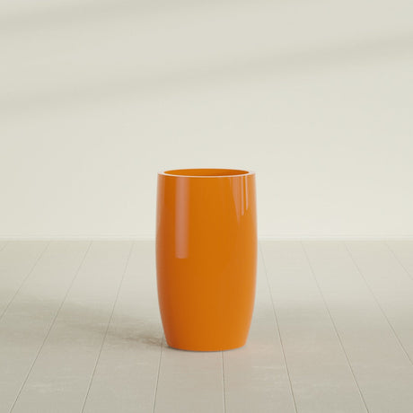 Lisbon tall round tapered fiberglass planter in Gloss Tangerine, 18 in diameter, 32 in high, shown empty