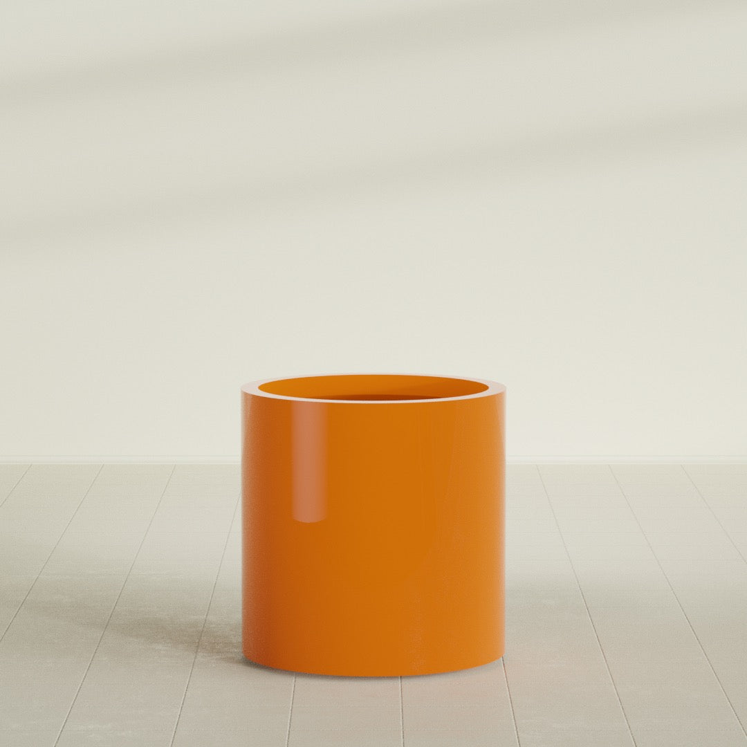 Rio Grande Cylinder Planter in Gloss Tangerine, 22"D × 22"H, shown empty