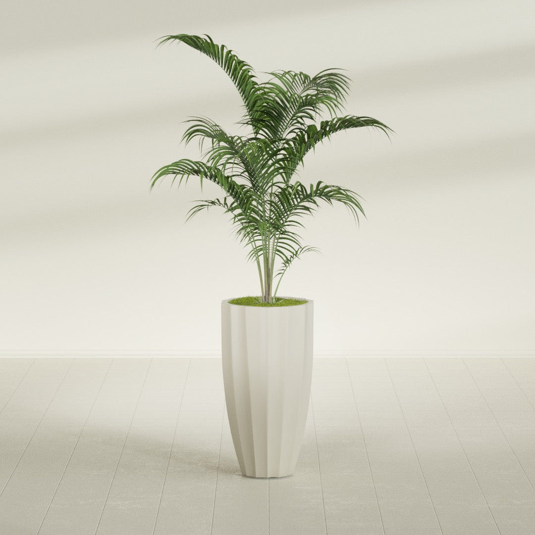 San Jose Tall Fluted fiberglass planter in Satin Beige, shown planted, in a sunlit interior