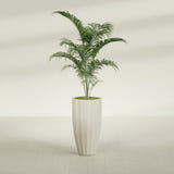 San Jose Tall Fluted fiberglass planter in Satin Beige, shown planted, in a sunlit interior
