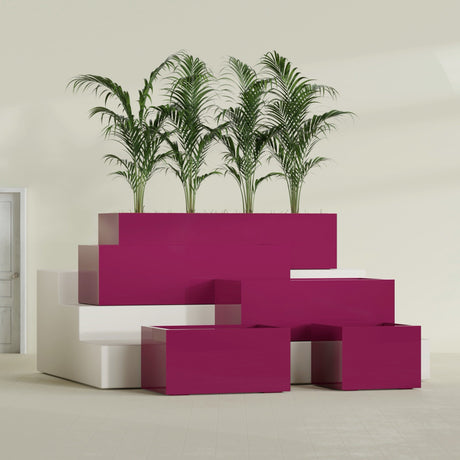 Torino Corner fiberglass planter in Gloss Eggplant, size range, in a sunlit interior