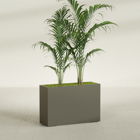 Potsdam Rectangular fiberglass planter in Matte Bronze, shown planted, in a sunlit interior