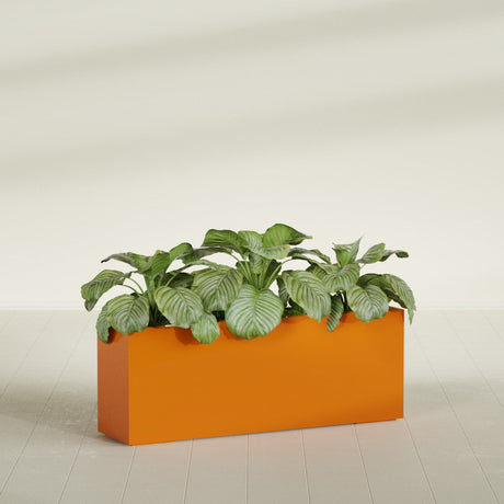 Miami Narrow fiberglass planter in Gloss Tangerine, planted, in a sunlit interior