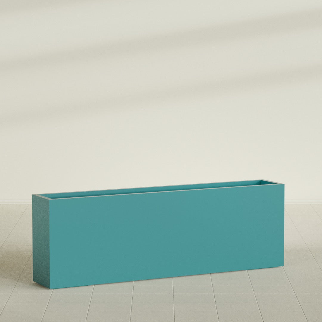 Hollywood Narrow Rectangular Planter in Satin Seafoam Green, 72"L × 12"D × 24"H, shown empty