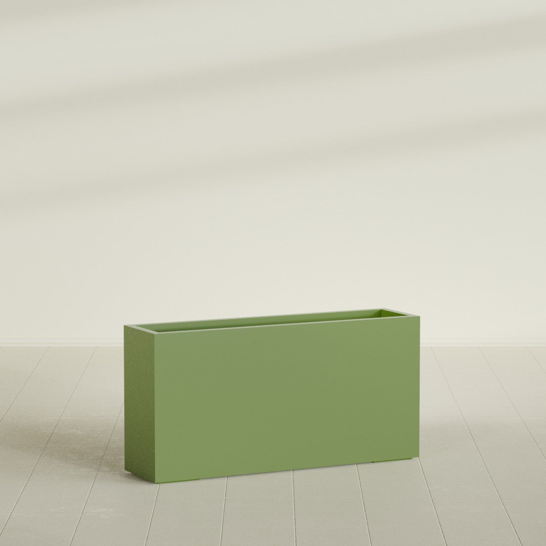 Hollywood Narrow Rectangular Planter in Satin Green, 48"L × 12"D × 24"H, shown empty