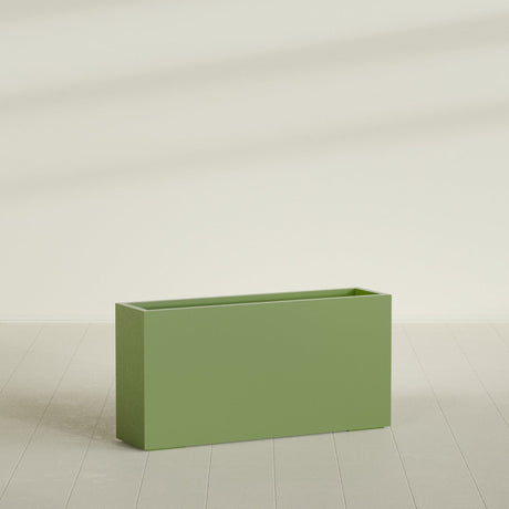 Hollywood Narrow Rectangular Planter in Satin Green, 48"L × 12"D × 24"H, shown empty