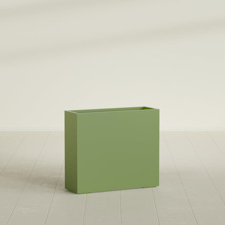 Perth Rectangular Planter in Satin Green, 48"L × 16"D × 42"H, shown empty
