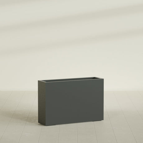 Milano Narrow Rectangular Planter in Matte Charcoal, 36"L × 10"D × 24"H, shown empty