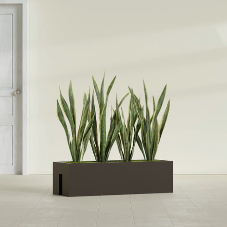 Tiergarden Railing fiberglass planter in Matte Dark Brown, shown planted, in a sunlit interior