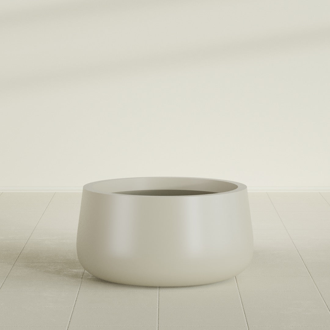 Short Hayden Bowl Planter in Satin Beige, 20"D × 10"H, shown empty