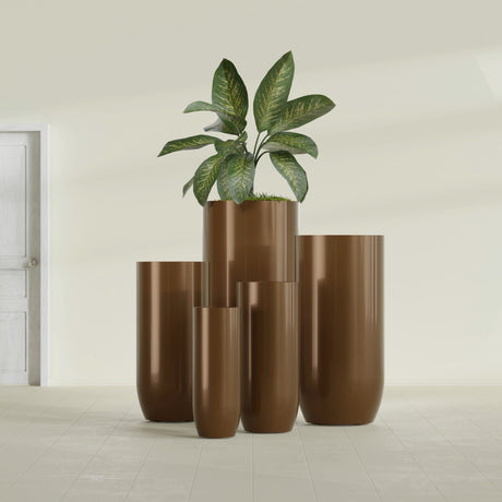 Saint Tropez Bullet Round Planter in Metallic Bronze, 28"D × 60"H, shown empty