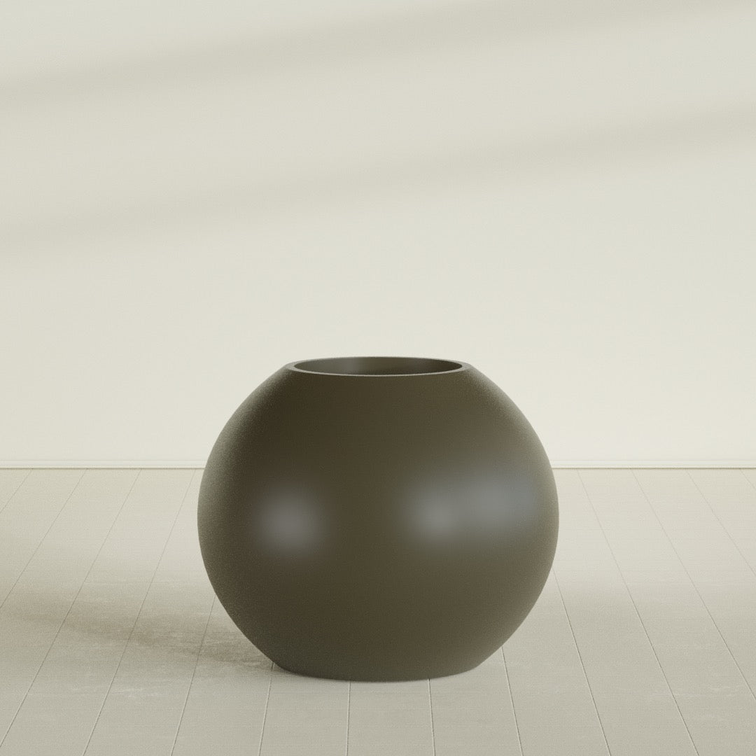 Globe Planter in Matte Bronze, 36"D × 30"H, shown empty