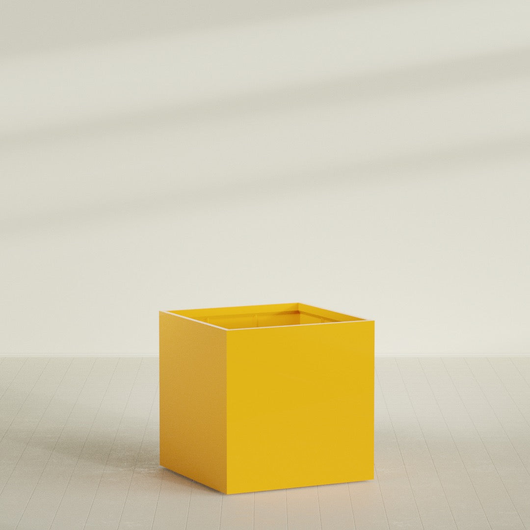 Montroy Cube Planter in Gloss Saffron, 48", shown empty
