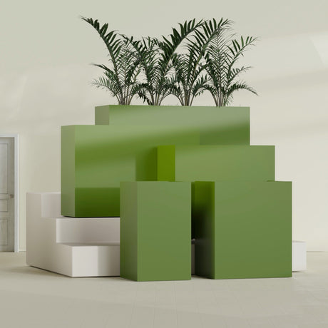 Darwin Rectangular fiberglass planter in Satin Green, size range, in a sunlit interior