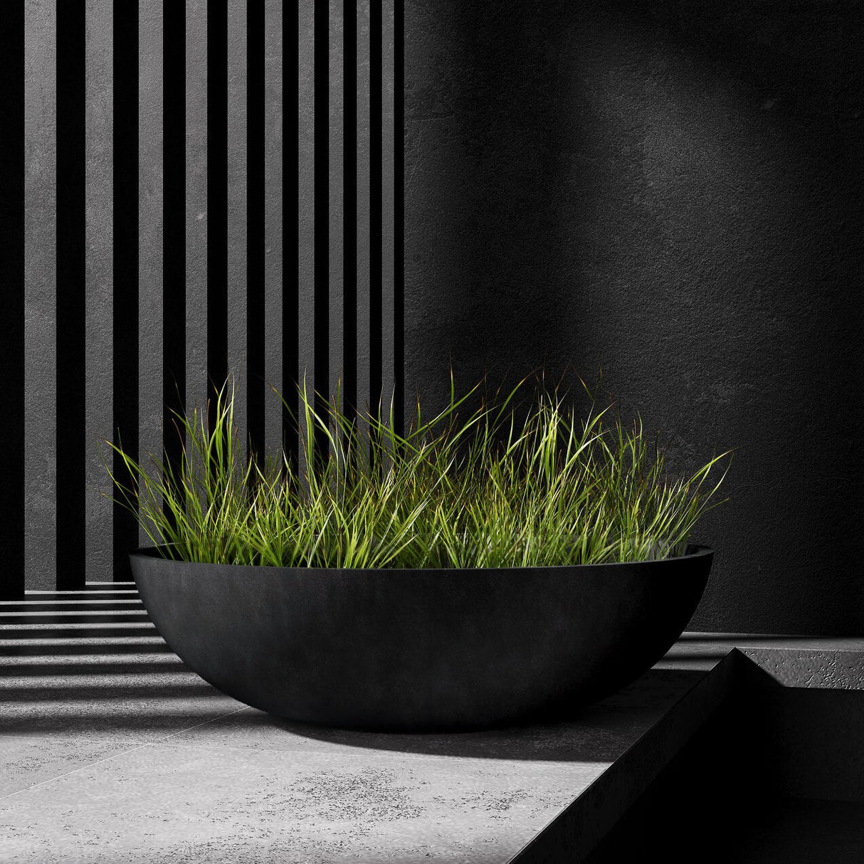 Cavo low bowl Cosapots fiberglass planter, shown planted with ornamental grasses in a styled setting.