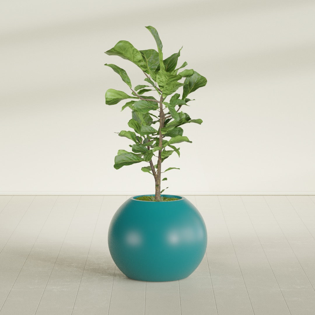 Globe fiberglass planter in Satin Seafoam Green, shown planted, in a sunlit interior
