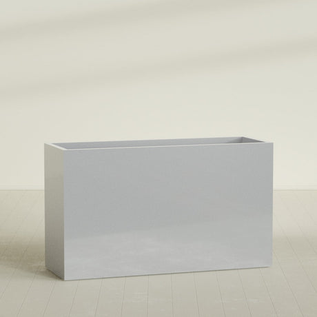 Darwin Rectangular Planter in Metallic Silver, 72"L × 24"D × 42"H, shown empty
