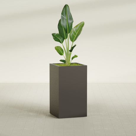 Darwin Rectangular fiberglass planter in Matte Dark Brown, shown planted, in a sunlit interior