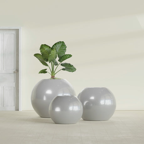 Globe fiberglass planter in Metallic Silver, size range, in a sunlit interior