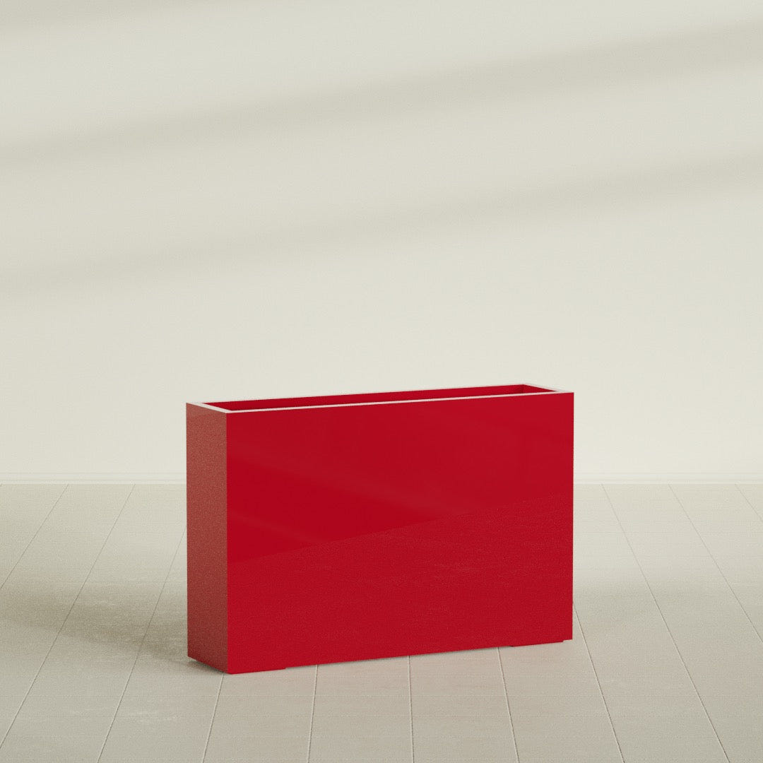 Delray Rectangular Planter in Gloss Red, 48"L × 12"D × 32"H, shown empty