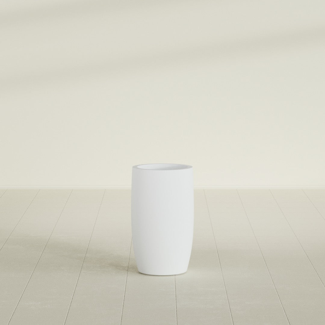 Lisbon tall round tapered fiberglass planter in Gloss Bright White, 14 in diameter, 25 in high, shown empty