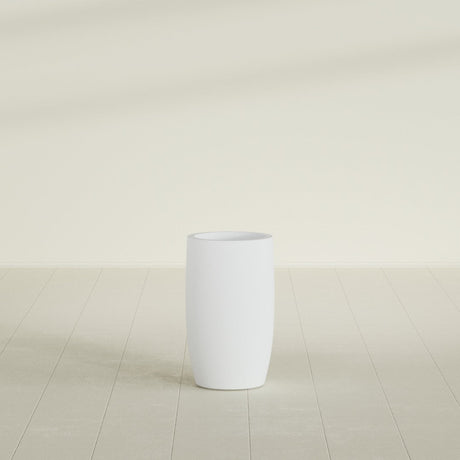 Lisbon tall round tapered fiberglass planter in Gloss Bright White, 14 in diameter, 25 in high, shown empty