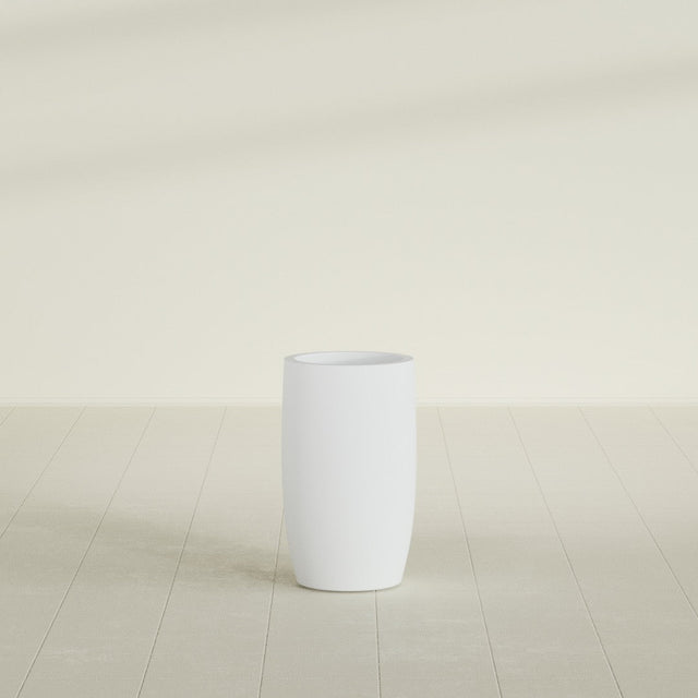 Lisbon tall round tapered fiberglass planter in Gloss Bright White, 14 in diameter, 25 in high, shown empty