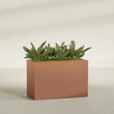 Brisbane Corner fiberglass planter in Matte Terra Cotta, shown planted, in a sunlit interior