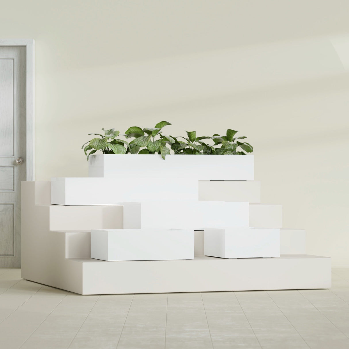 Antwerp Rectangular fiberglass planter in Gloss Bright White, size range, in a sunlit interior