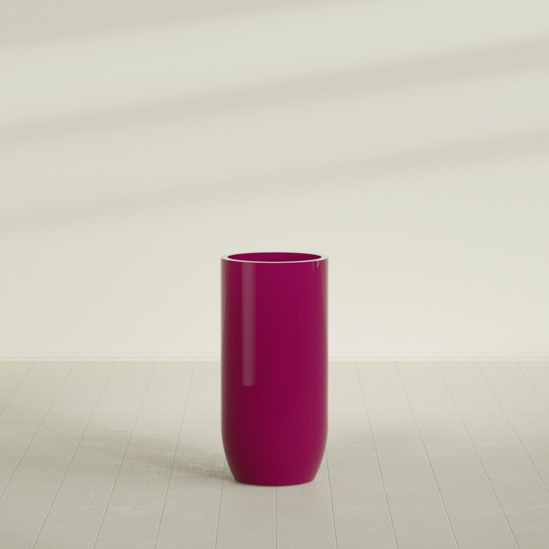 Saint Tropez Bullet Round Planter in Gloss Eggplant, 24"D × 50"H, shown empty