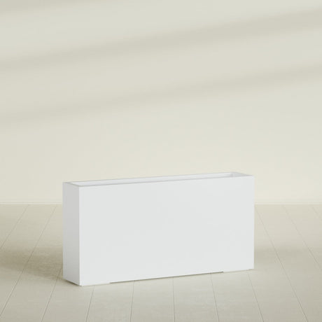 Milano Narrow Rectangular Planter in Gloss Bright White, 48"L × 10"D × 24"H, shown empty