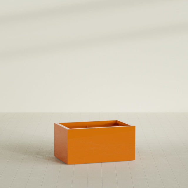 Torino Wide Rectangular Planter in Gloss Tangerine, 36"L × 24"D × 18"H, shown empty