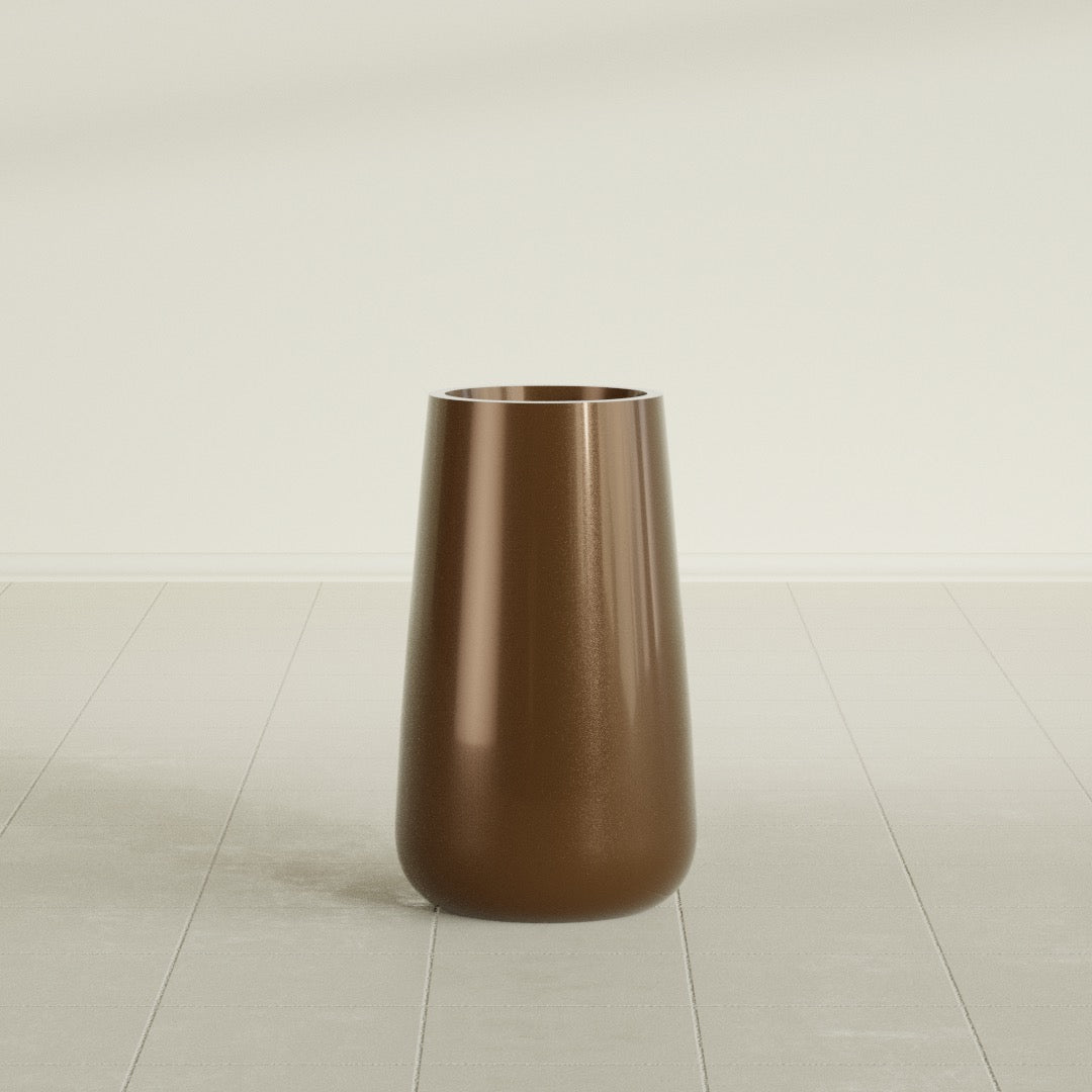 Saigon Tapered Round Planter in Metallic Bronze, 14"D × 30"H, shown empty