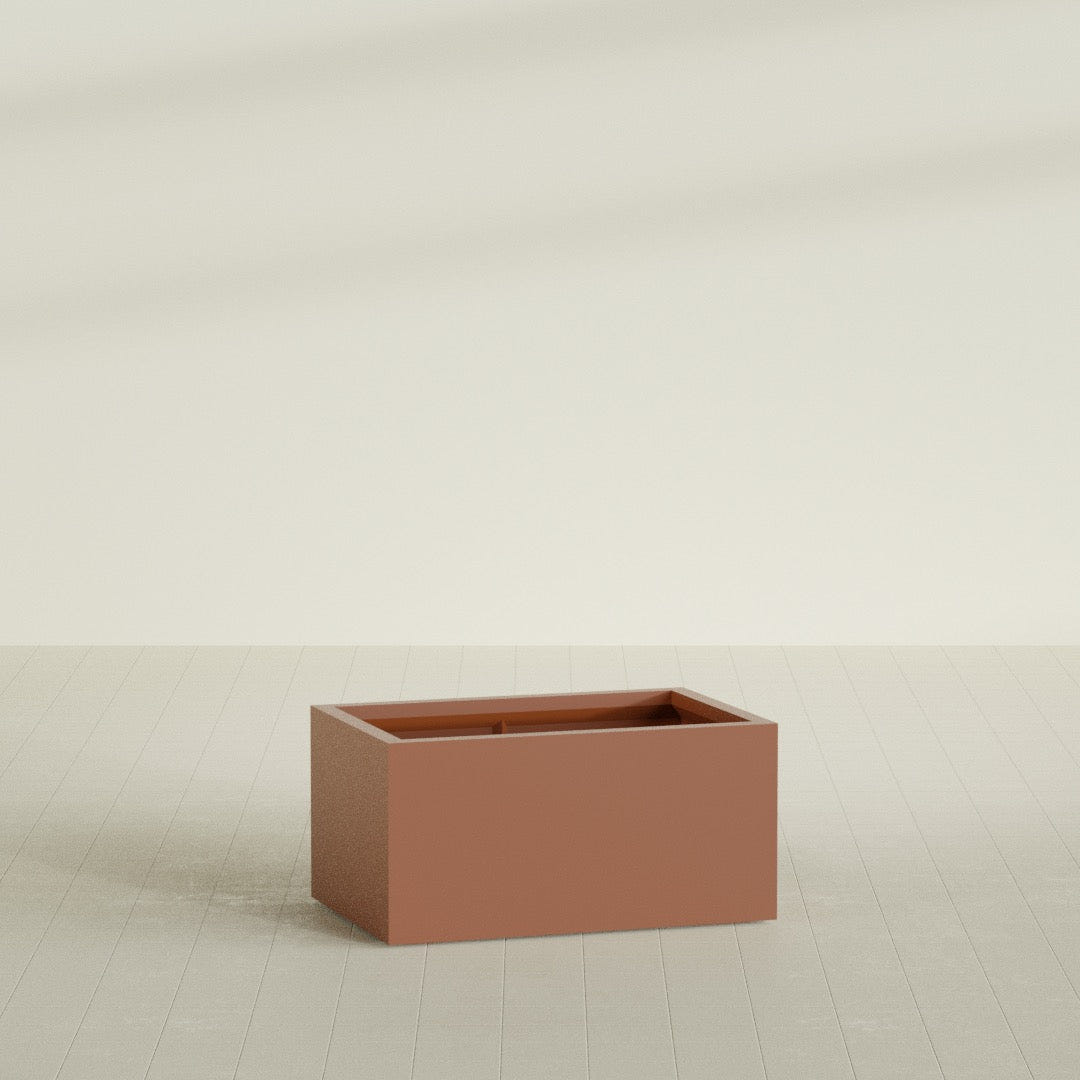 Torino Wide Rectangular Planter in Matte Terra Cotta, 36"L × 24"D × 18"H, shown empty