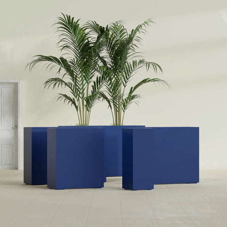 Perth Corner fiberglass planter in Matte Cobalt Blue, size range, in a sunlit interior